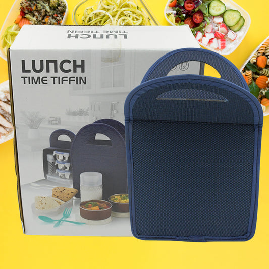 5773 6in1 Tiffin Box-lunch Box 3 Stainless Steel Containers Plastic Lid Box Spoon Fork Plastic Bottle Insulated Fabric Bag Leak Proof Microwave Safe For Office College And School For Men Women (6 Pcs)