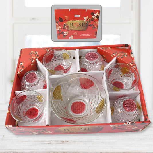 8234 Rose Glass Multipurpose Pudding Dessert Ice Cream Bowl Set For Home Use Home Kitchen Serving Bowl For Sundae Sweets Snacks Fruit Pudding Nuts Or Dip Serving Bowls 6 Medium 1 Big Bowl (Set Of 7 Pc)