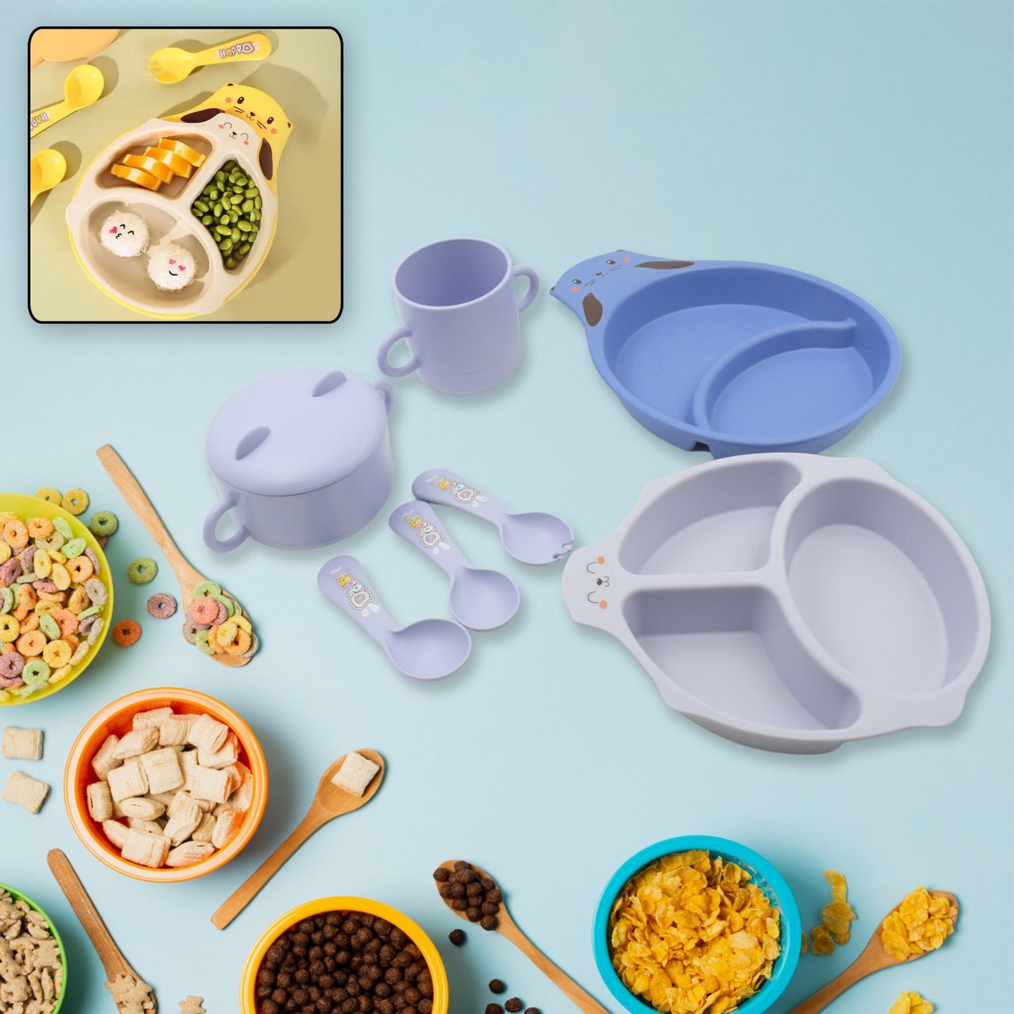 Baby Feeding Set For Kids And Toddlerschildren Children Dinnerware Set - Bamboo Fibre Feeding Set For Kids Cartoon Design Plate Cup Spoon Fork And Chopsticks Tableware Cutlery For Kids Microwave Dishwasher Safe (7 Pcs Set)