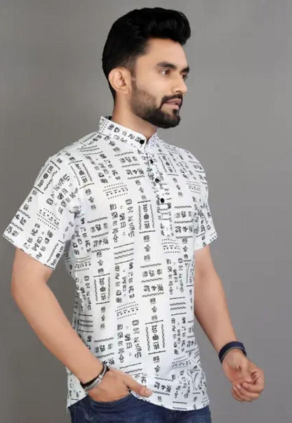 Men's Printed Half Sleeves Spread Collar Casual Shirt White & Black